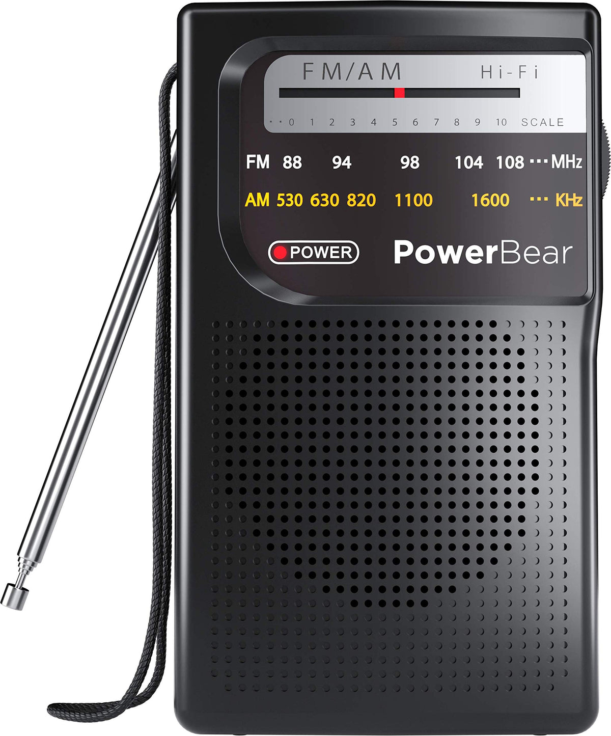 PowerBear portable radio front view, compact for on-the-go AM/FM listening.