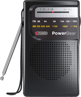 PowerBear portable radio front view, compact for on-the-go AM/FM listening.