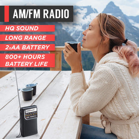 PowerBear portable radio side view with antenna for outdoor reception.