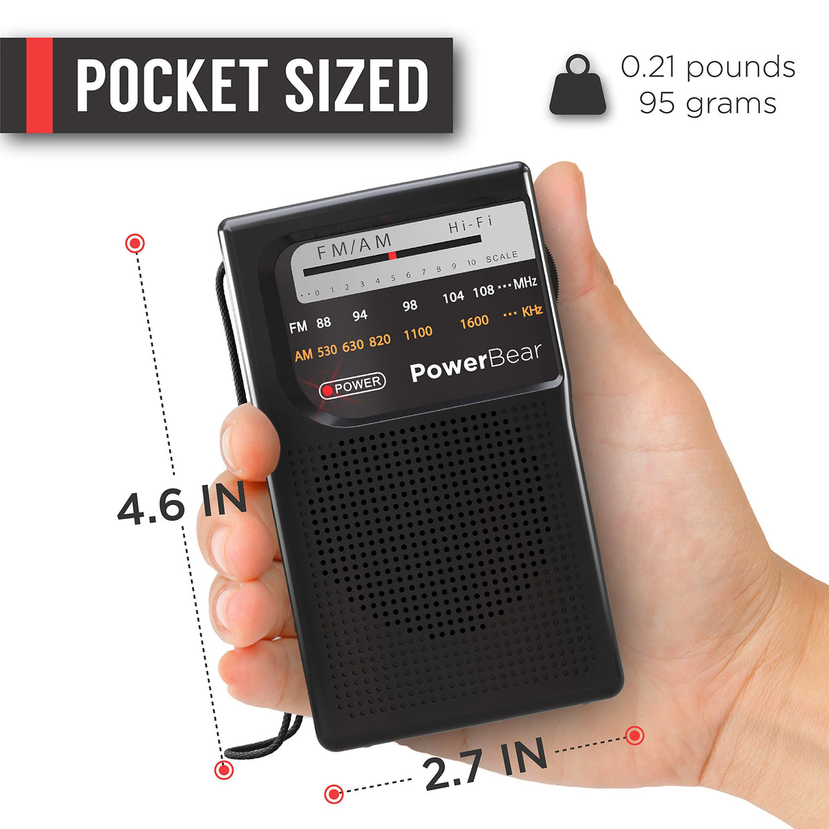 PowerBear radio with headphone jack for private listening on the move.