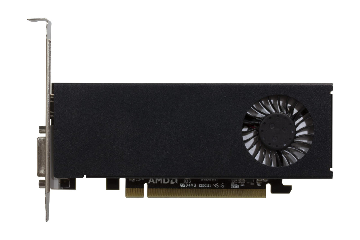 PowerColor Radeon 550 retail box and spec label showing model and quick installation benefit