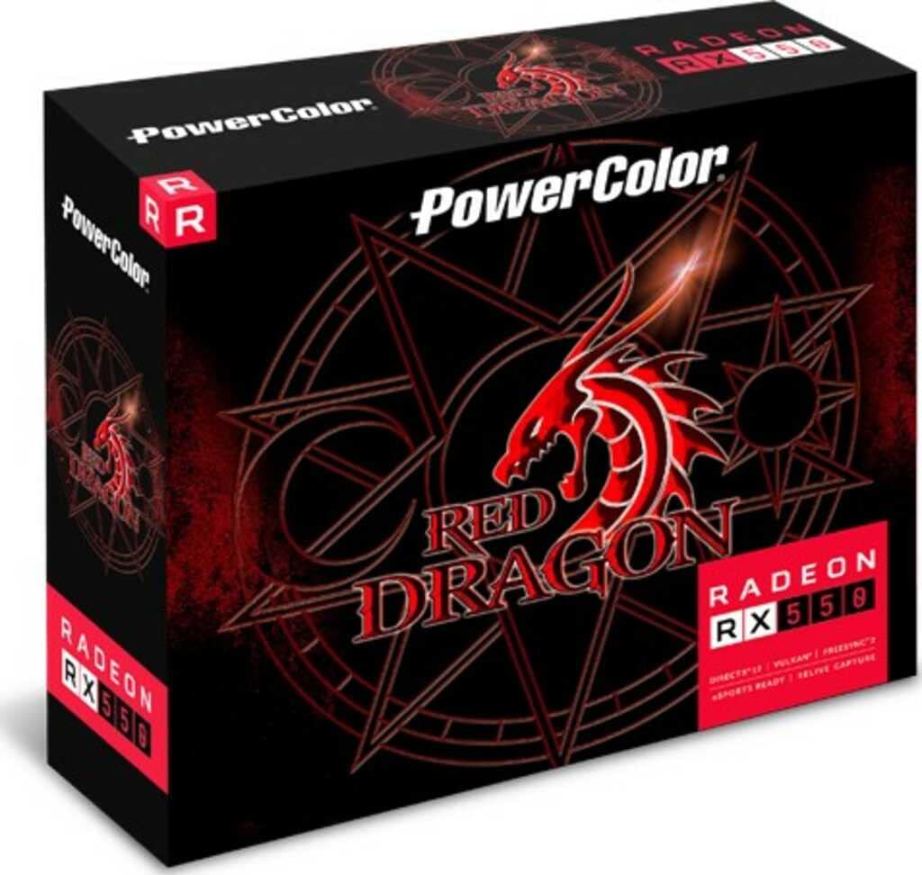 PowerColor Radeon 550 front view showing compact PCB and fan, benefits compact upgrades