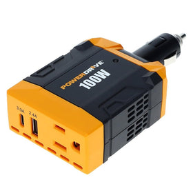 PowerDrive PWD100D front view showing AC outlet and dual USB ports for convenient charging