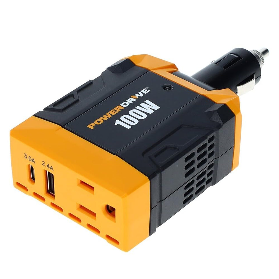 PowerDrive PWD100D front view showing AC outlet and dual USB ports for convenient charging