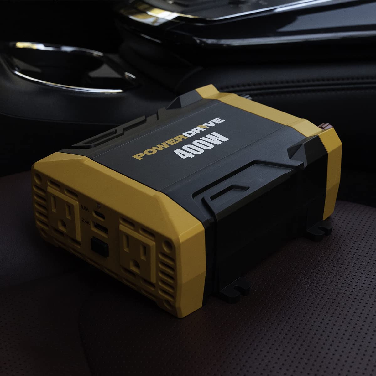 PowerDrive close-up of two 3-prong AC outlets providing household power on the road