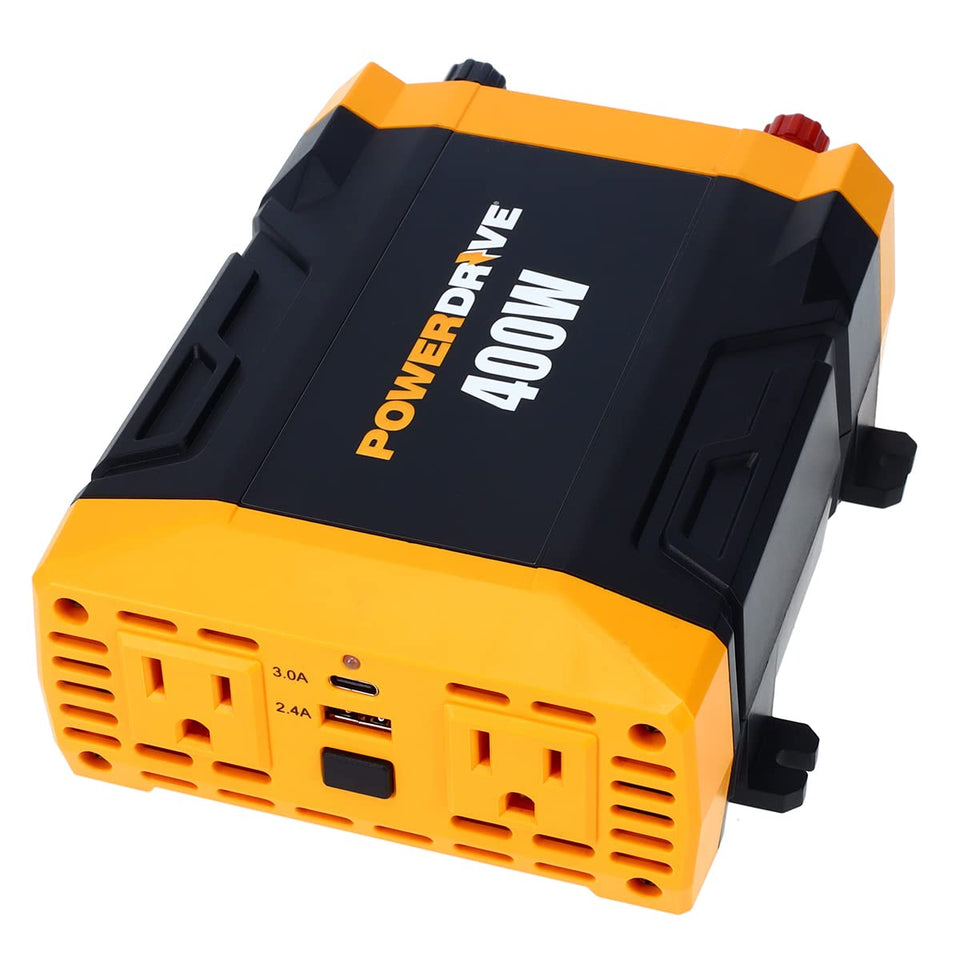 PowerDrive PWD400 front view showing compact inverter and controls, ideal for travel