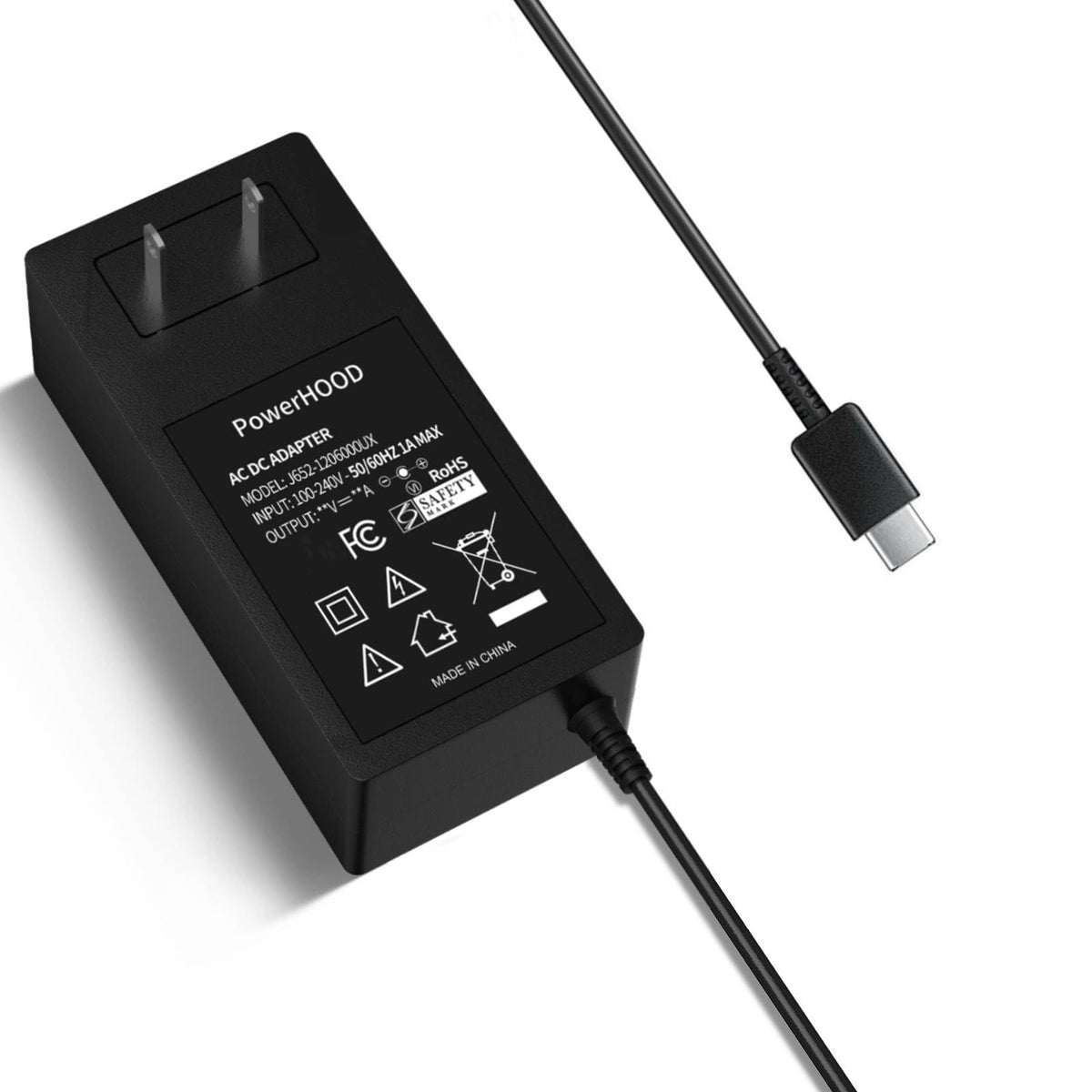 PowerHOOD 12V USB-C adapter front view, compact and reliable charging.