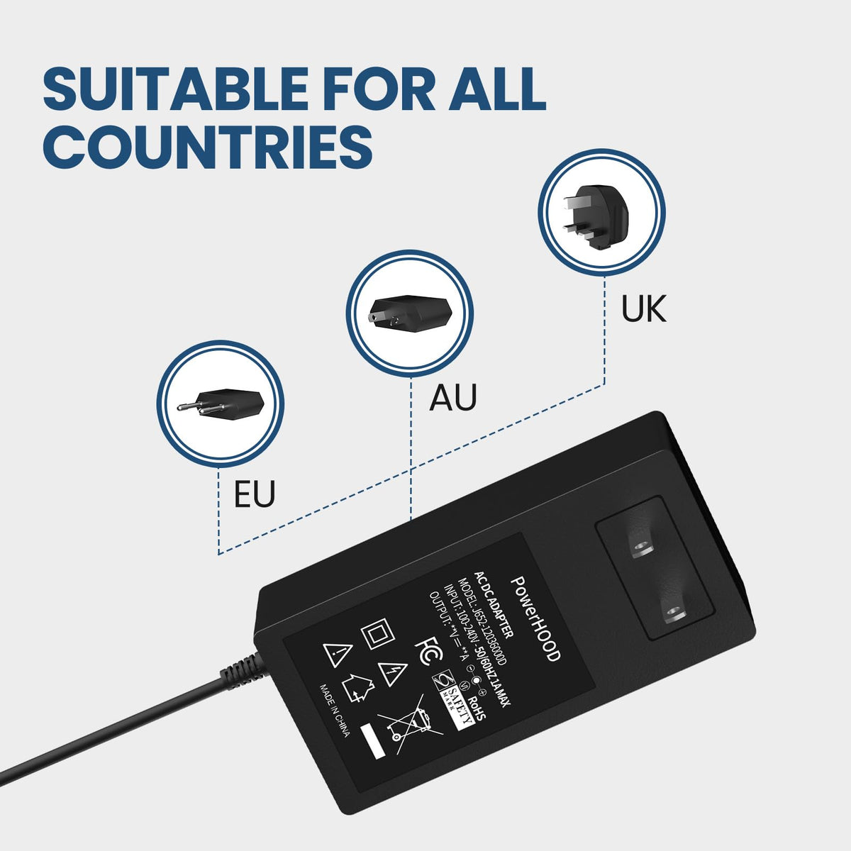 PowerHOOD adapter side view, highlighting slim profile for travel.