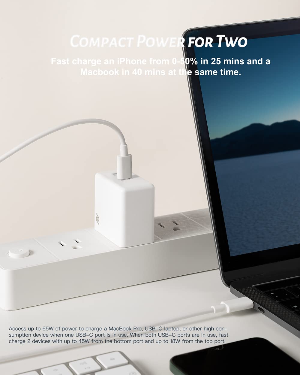 POWERLAND GaN65W charger 2-in-1 design supports laptop and phone charging.