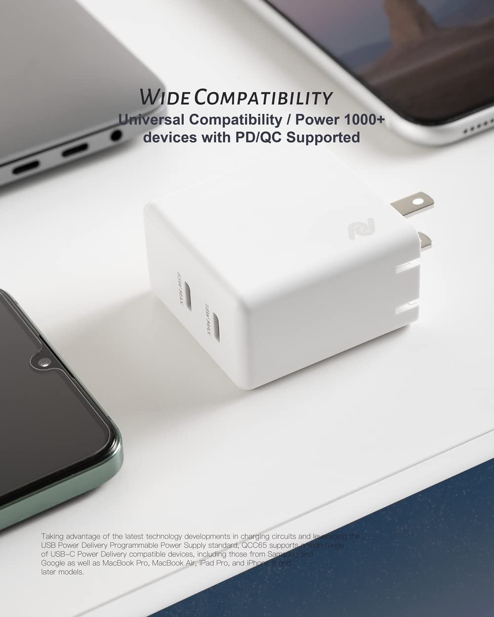 POWERLAND GaN65W charger includes 5ft USB-C to USB-C cable for convenience.