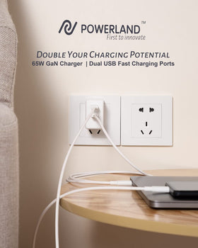 POWERLAND Icebrick QCC65W charger side view shows compact profile for travel.