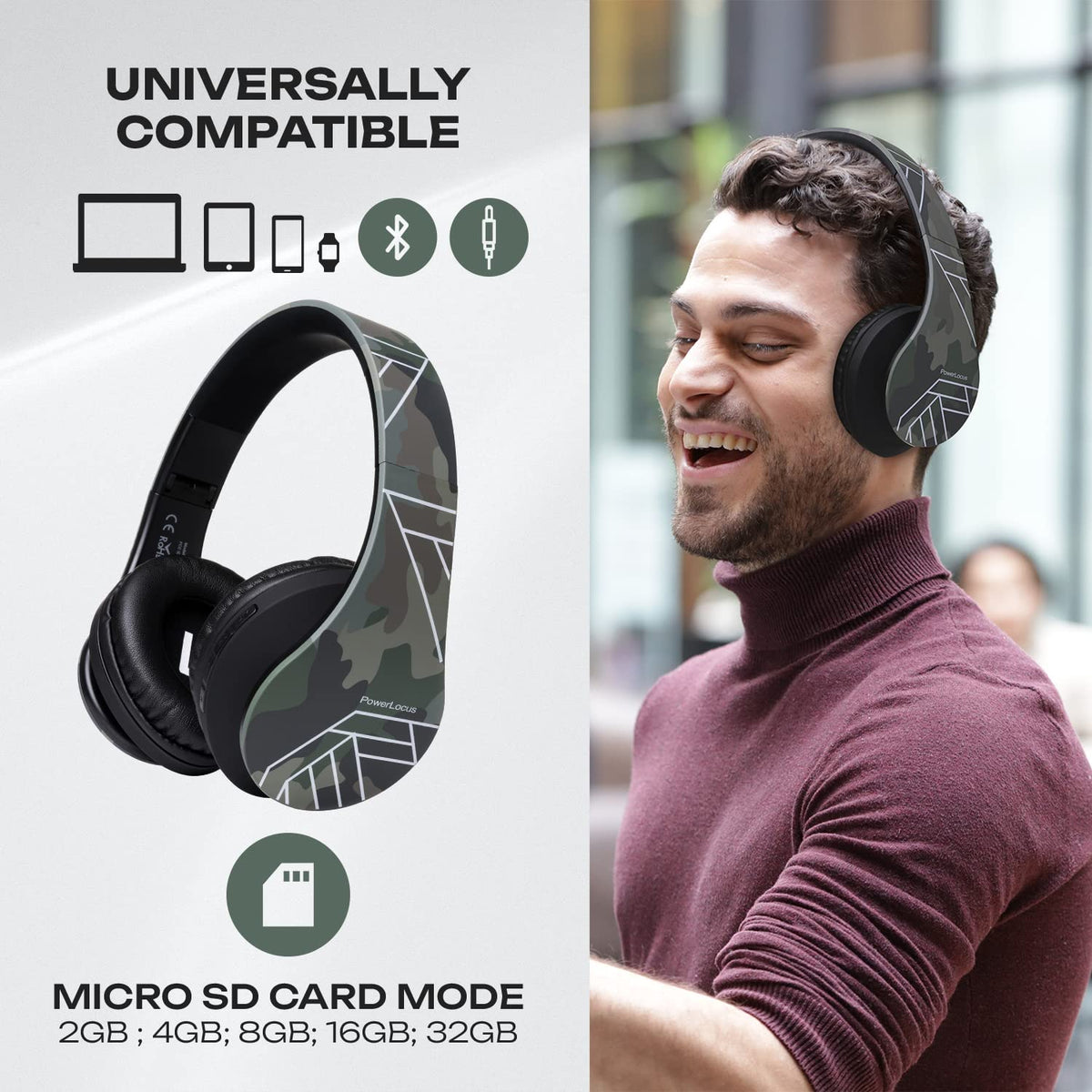 PowerLocus folded headphones illustrating compact travel portability