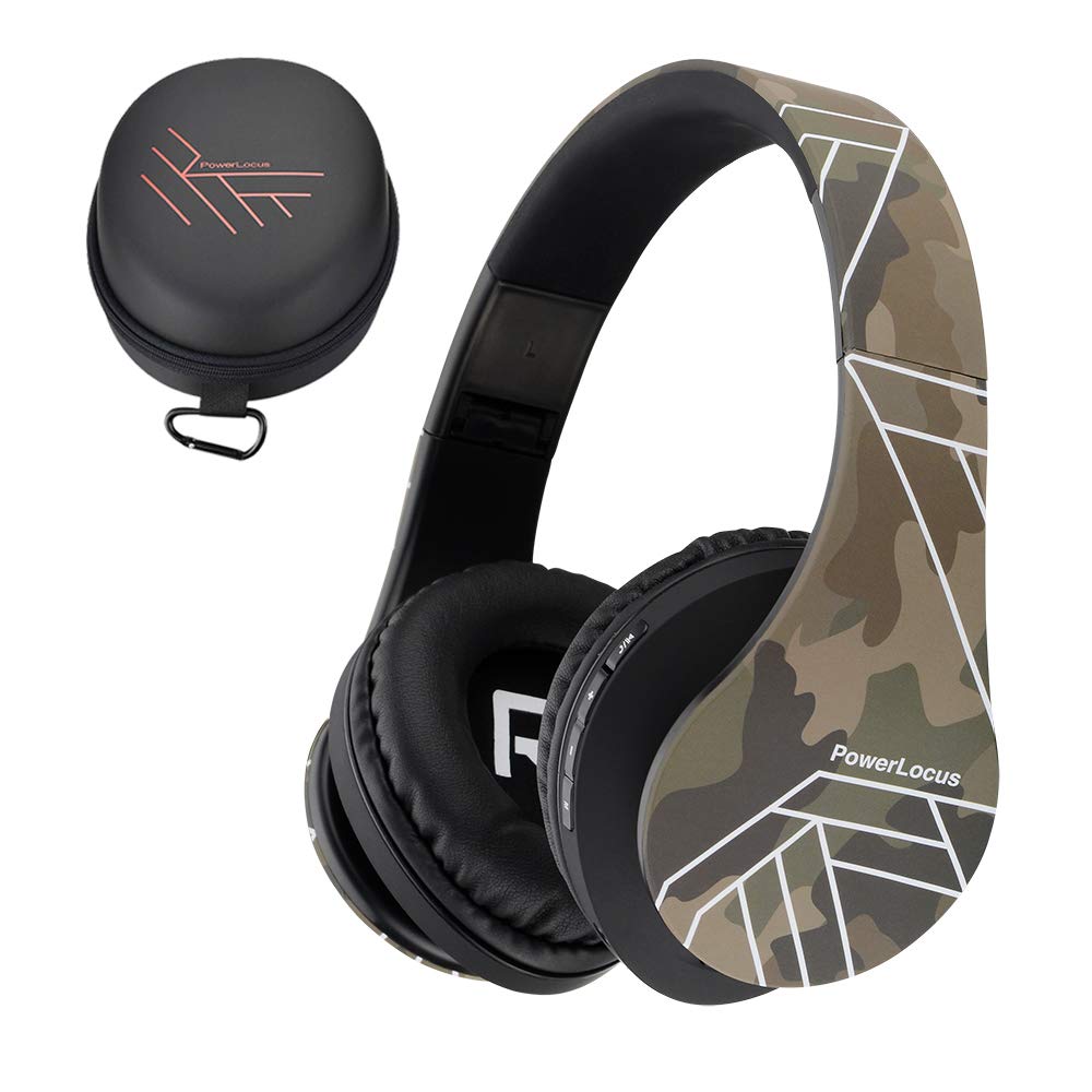 PowerLocus camo over-ear headphones front view showing design and comfort