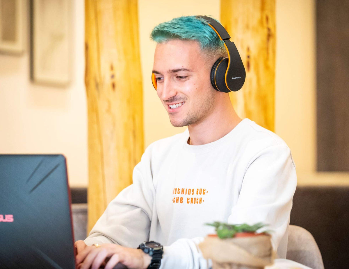 PowerLocus Bluetooth headphones with multi-device pairing for calls and music.