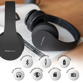 PowerLocus headphones highlighting deep bass and dynamic sound.