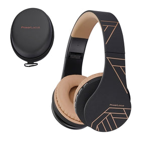 PowerLocus foldable headphones with carrying case for travel protection.