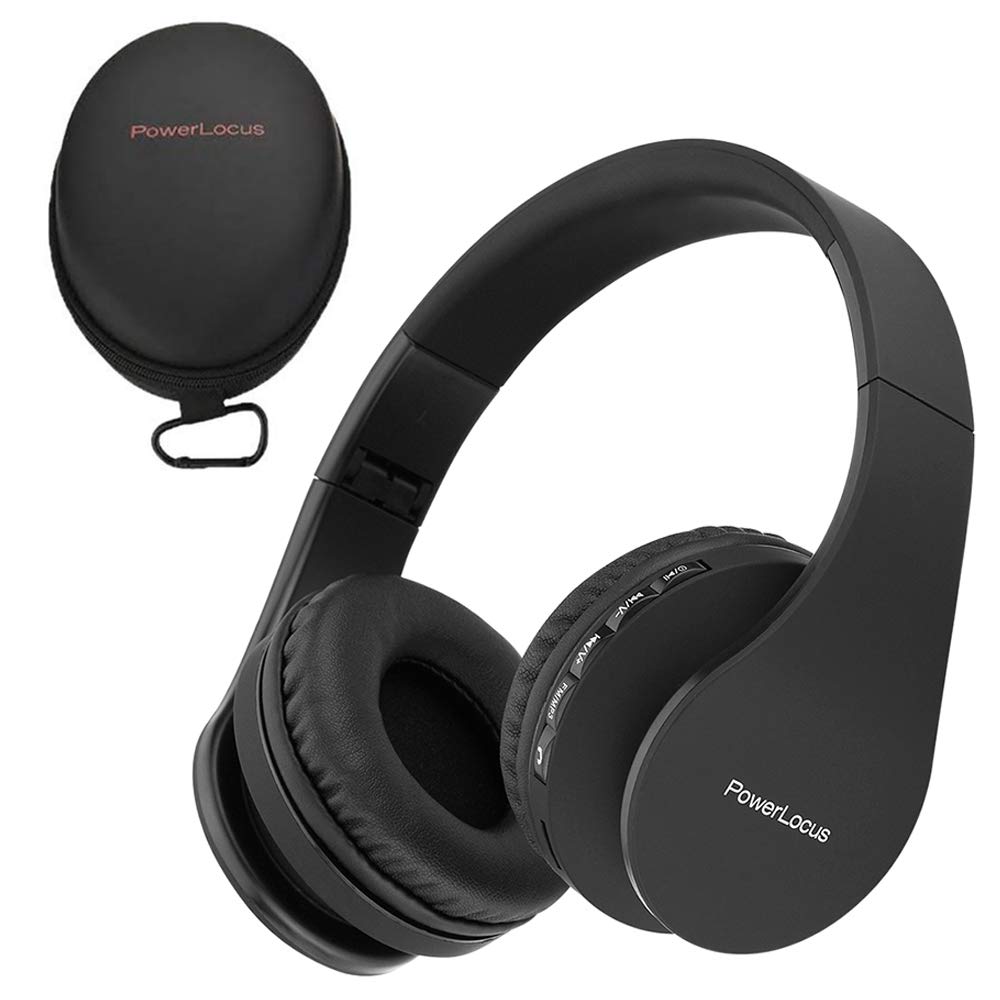 PowerLocus over-ear headphones in protective carrying case for travel.