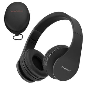 PowerLocus over-ear headphones in protective carrying case for travel.