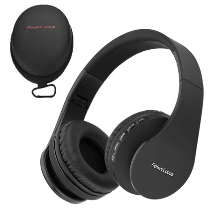 PowerLocus over-ear headphones in protective carrying case for travel.