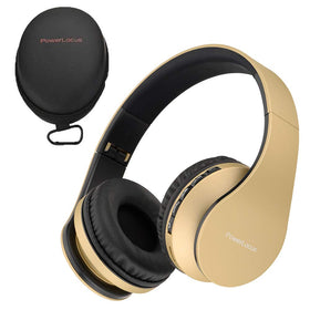 PowerLocus wireless headphones in gold, foldable for easy travel and storage.