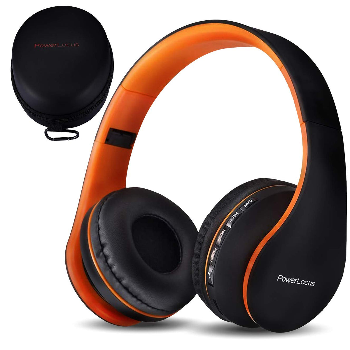 PowerLocus orange foldable headphones shown for travel and storage.