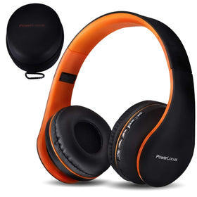 PowerLocus orange foldable headphones shown for travel and storage.