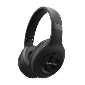 PowerLocus over-ear headphones in folded case for easy travel.