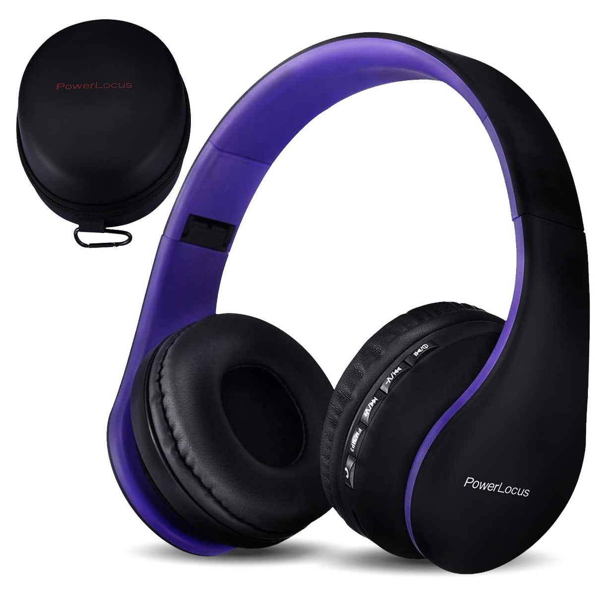 PowerLocus Purple foldable headphones with soft ear cushions for extended comfort.
