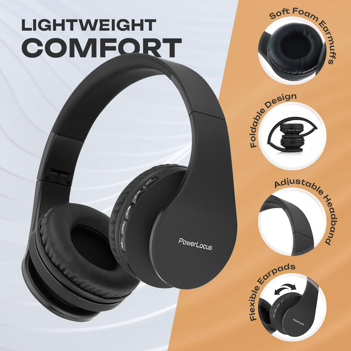 PowerLocus headphones with soft ear cushions designed for long wear.