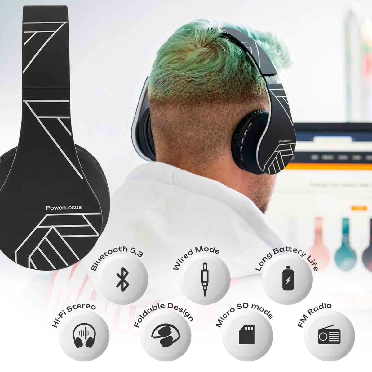 PowerLocus headphones universal compatibility with iPhone, Android, and Windows devices