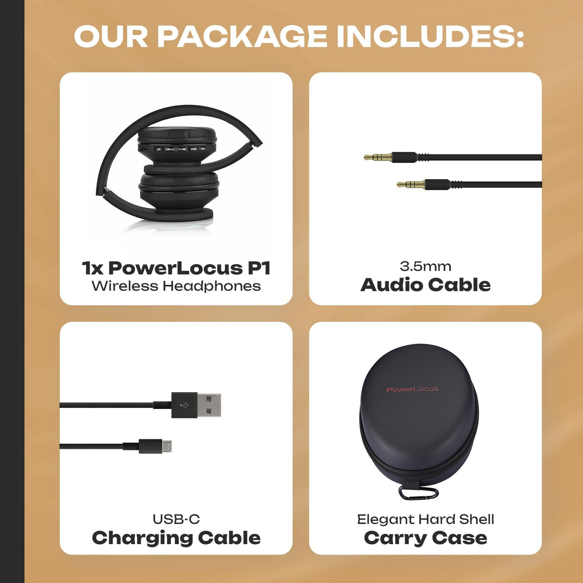 PowerLocus headphones shown with universal compatibility icons.