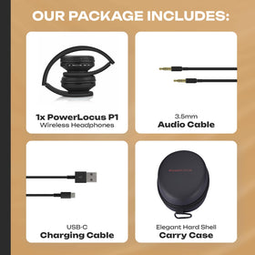 PowerLocus headphones shown with universal compatibility icons.