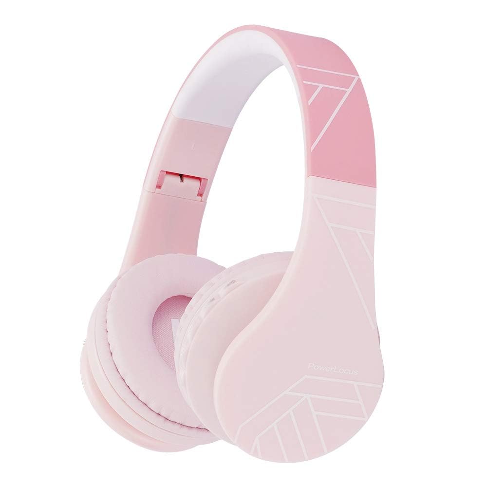 PowerLocus kids headphones folded in carrying case for travel and storage.