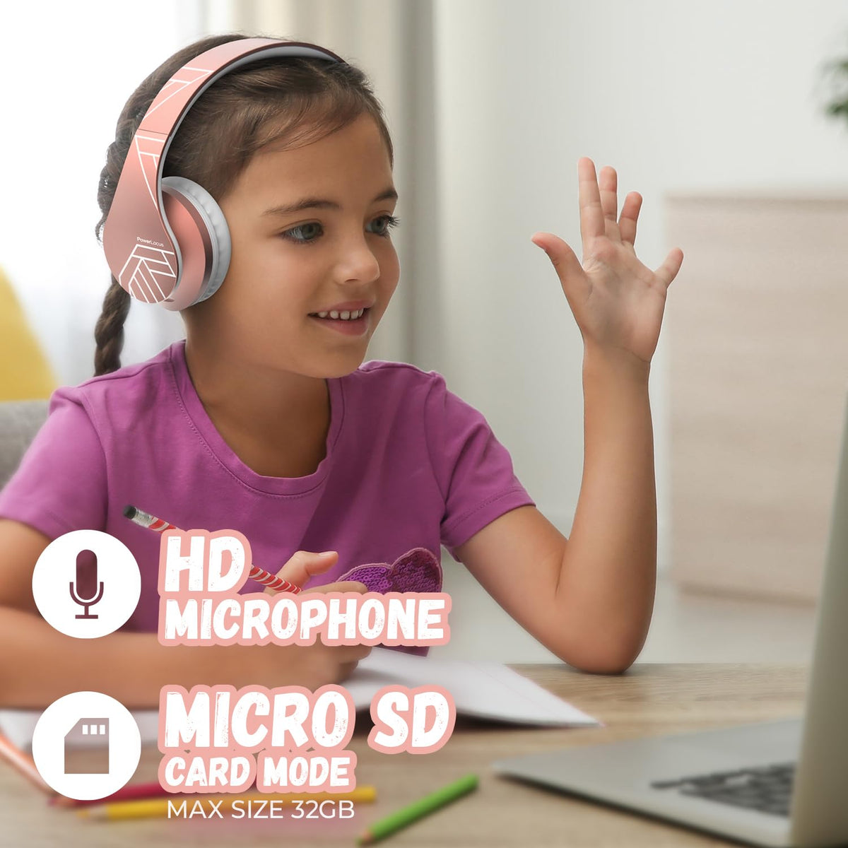 PowerLocus Kids Headphones lightweight design reduces strain for kids.