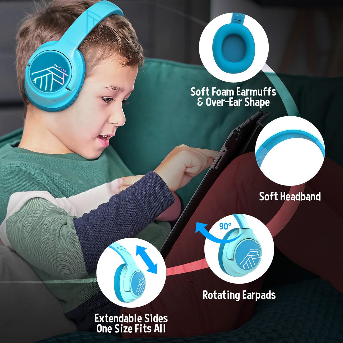 PowerLocus Kids Headphones rotate 90-degree earpads for comfort