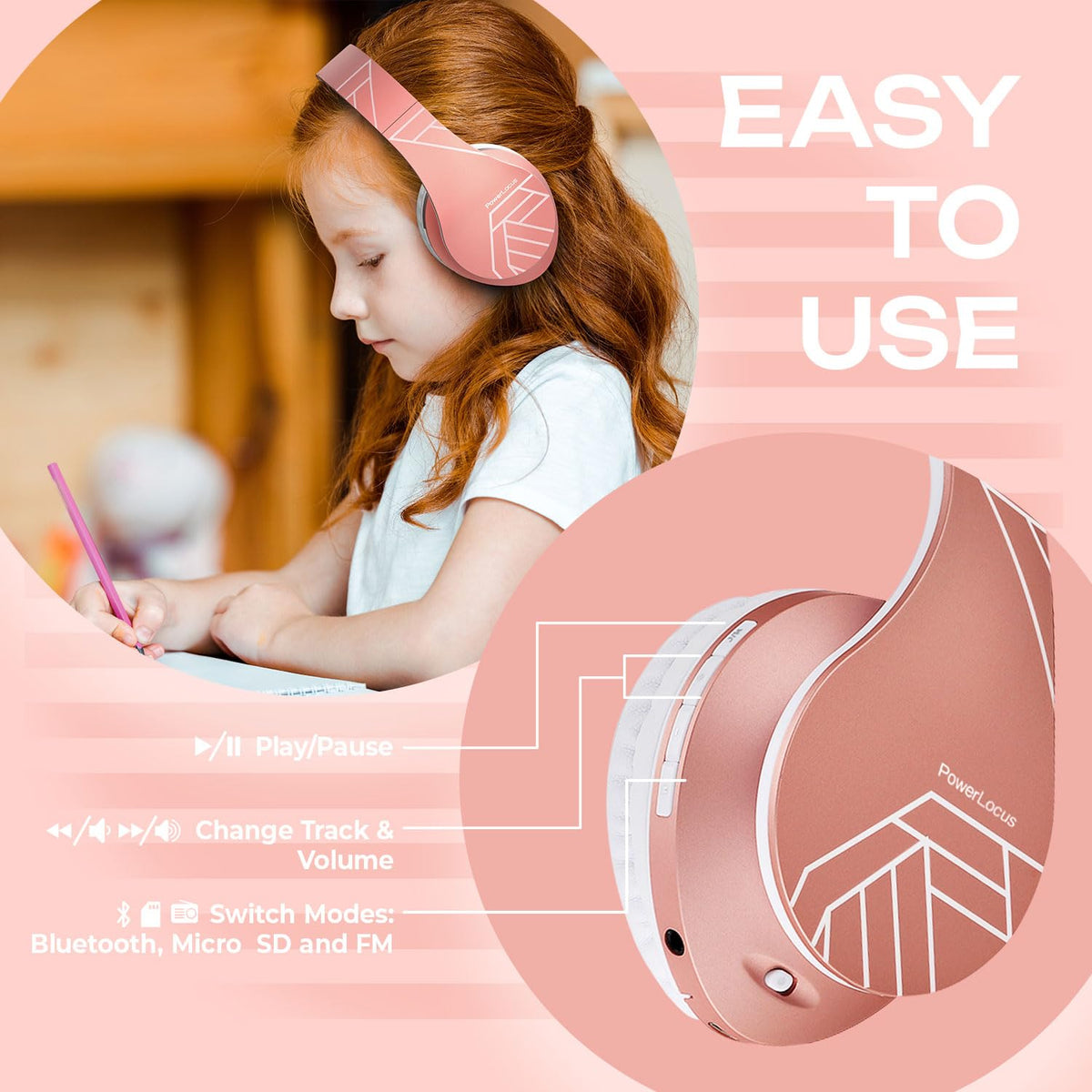 PowerLocus Kids Headphones volume limit prevents excessive noise during study.