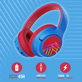 PowerLocus Kids Headphones showing three volume modes for safe listening during study