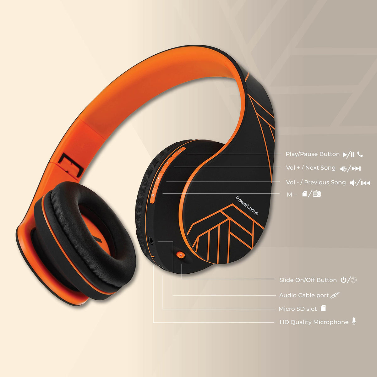 PowerLocus built-in mic and controls for hands-free calls and playback