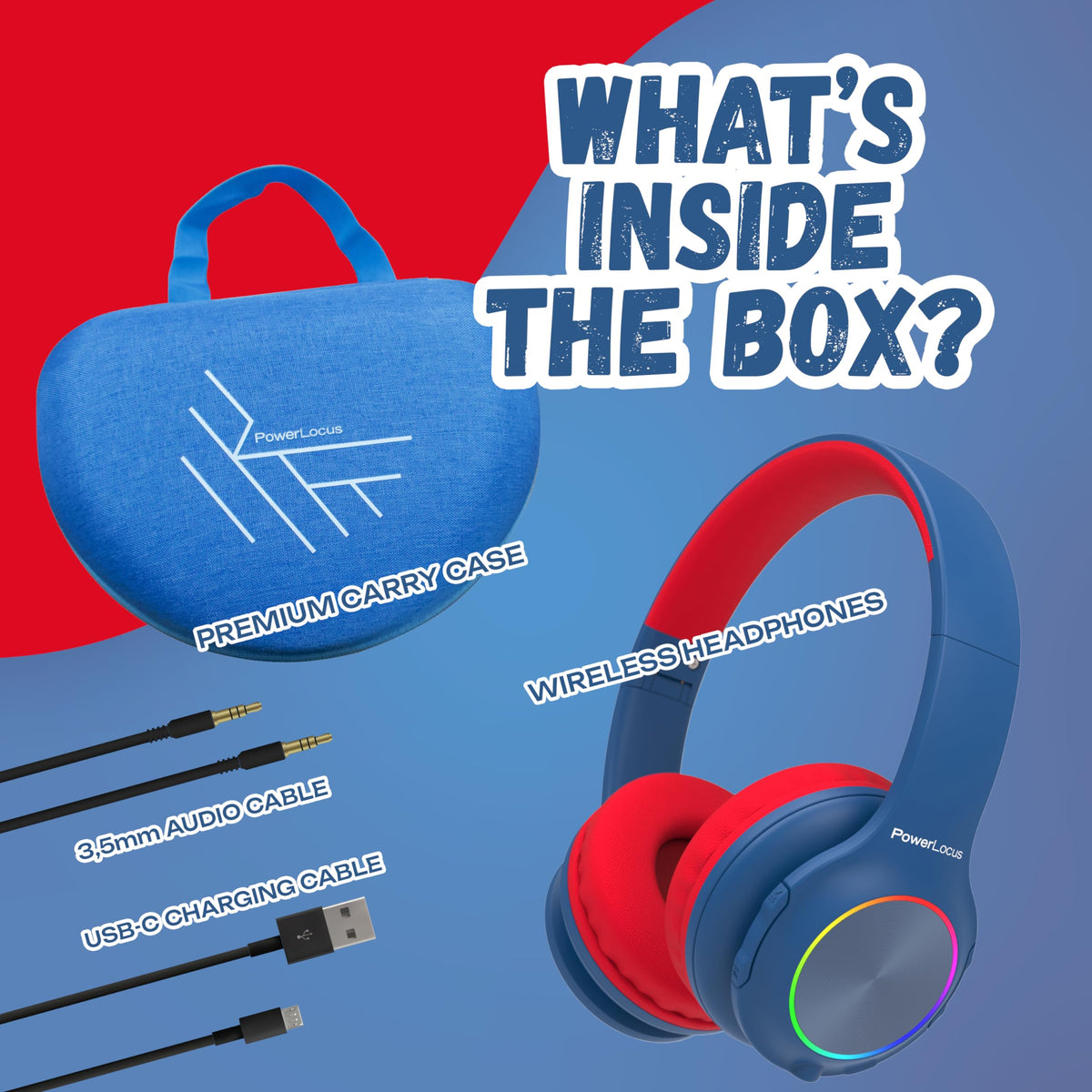 PowerLocus PLED headphones include an AUX cable for wired listening.
