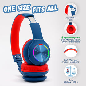 Dual wireless and wired mode on PowerLocus PLED kids headphones for flexibility.