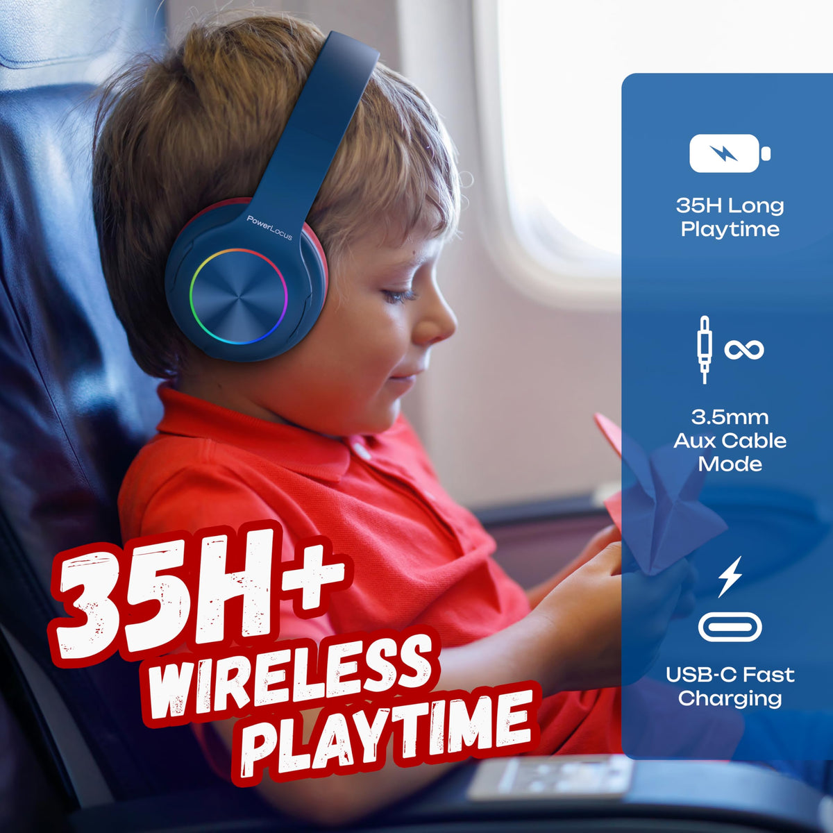 Soft memory foam ear cushions on PowerLocus PLED kids headphones for comfort.