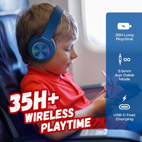 Soft memory foam ear cushions on PowerLocus PLED kids headphones for comfort.