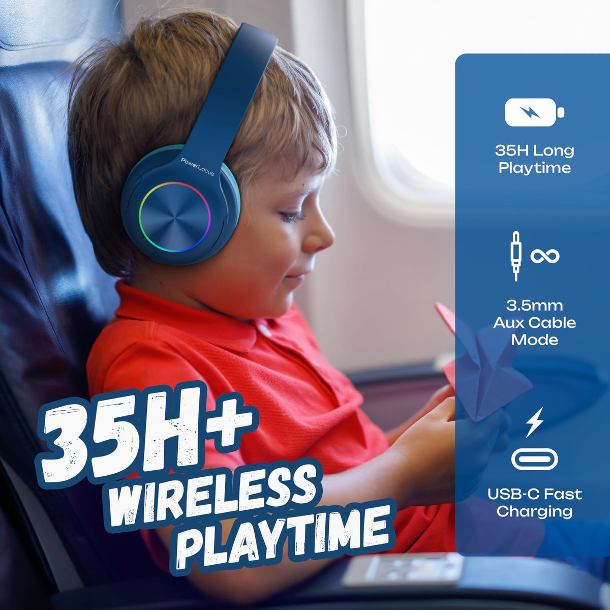 PowerLocus PLED wireless kids headphones with built-in mic for online classes and calls