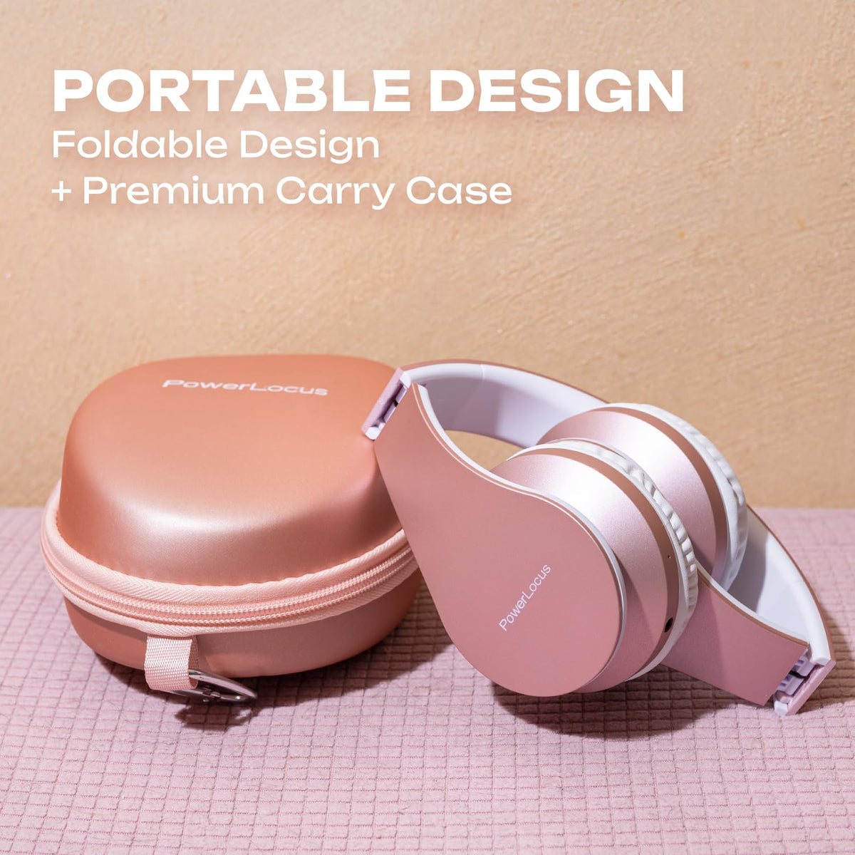 PowerLocus Rose Gold headphones compatible with iPhone, Android, and more
