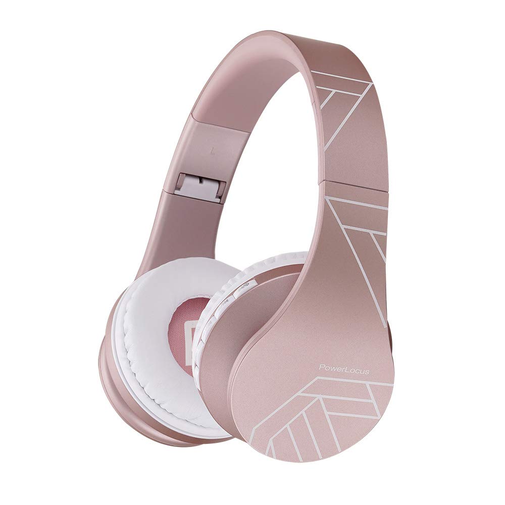 PowerLocus rose gold headphones folded for compact travel
