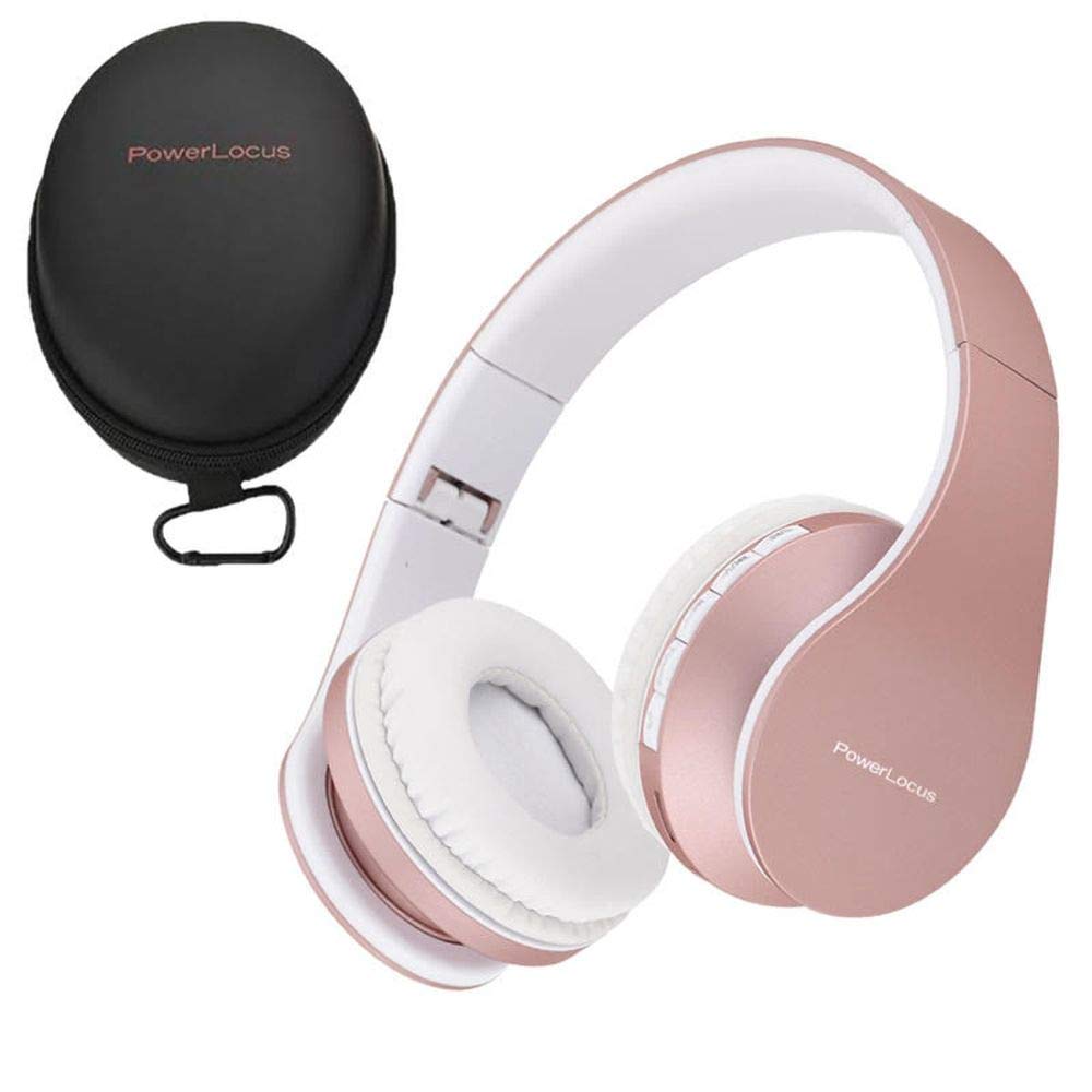 PowerLocus Rose Gold wireless over-ear headphones folded for travel