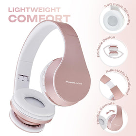 PowerLocus Rose Gold over-ear headphones worn for all-day comfort