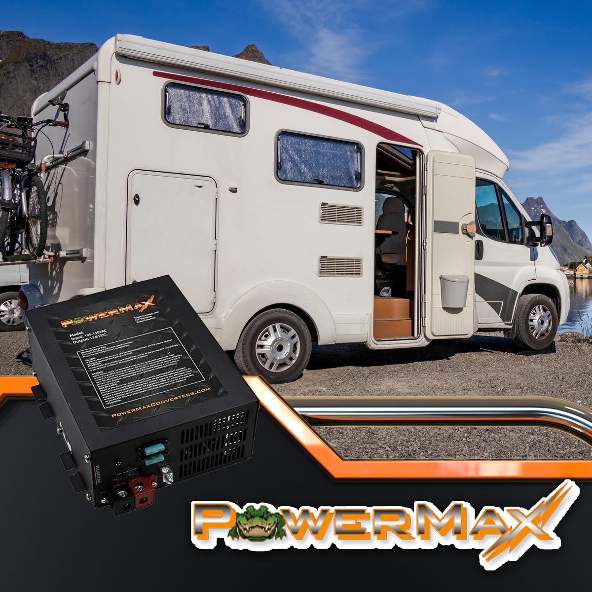PM3-45 RV battery setup illustrating on-board charging and readiness.