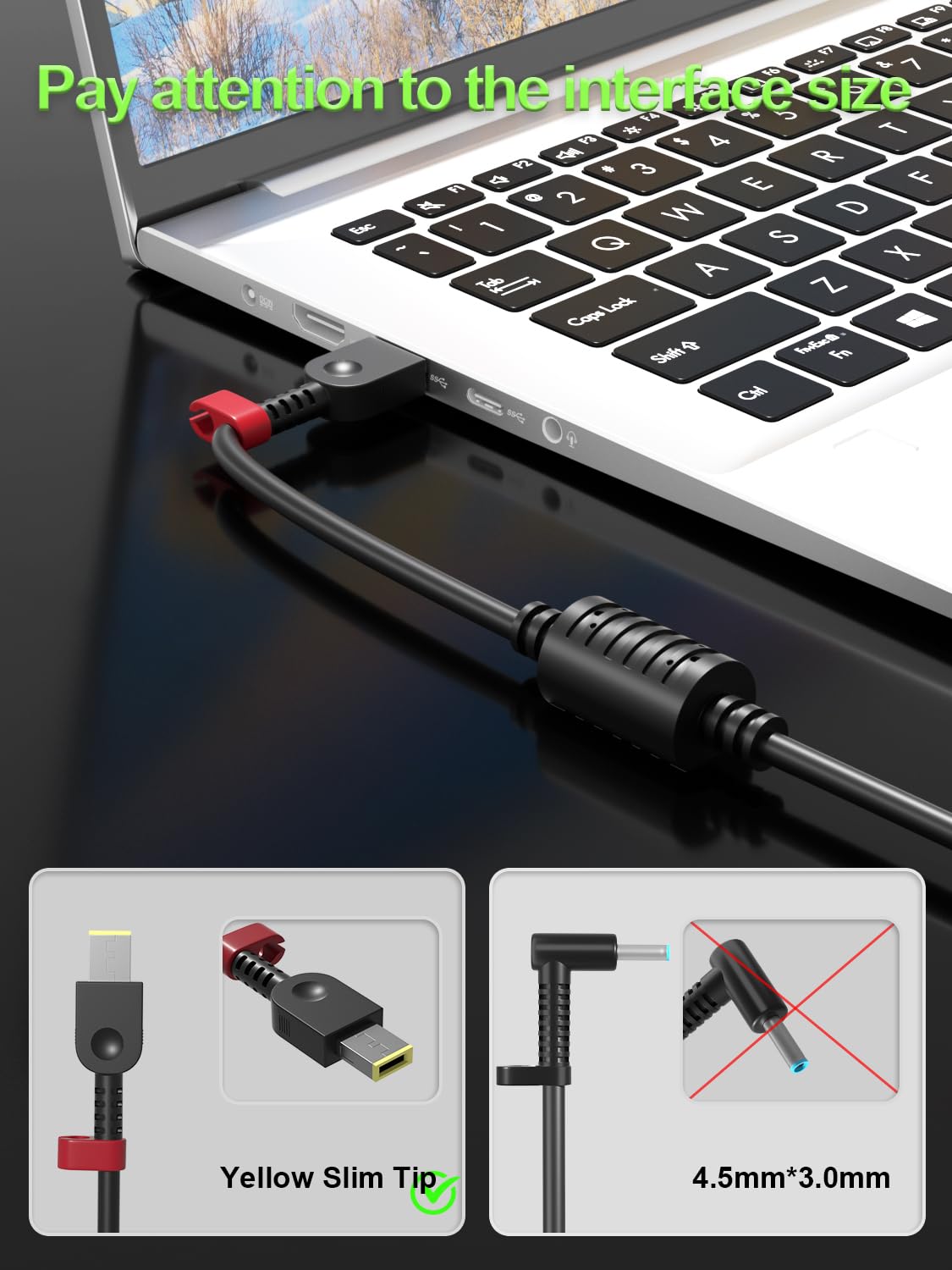 PowerPortnerLink yellow square slim tip close-up ensures correct Lenovo compatibility