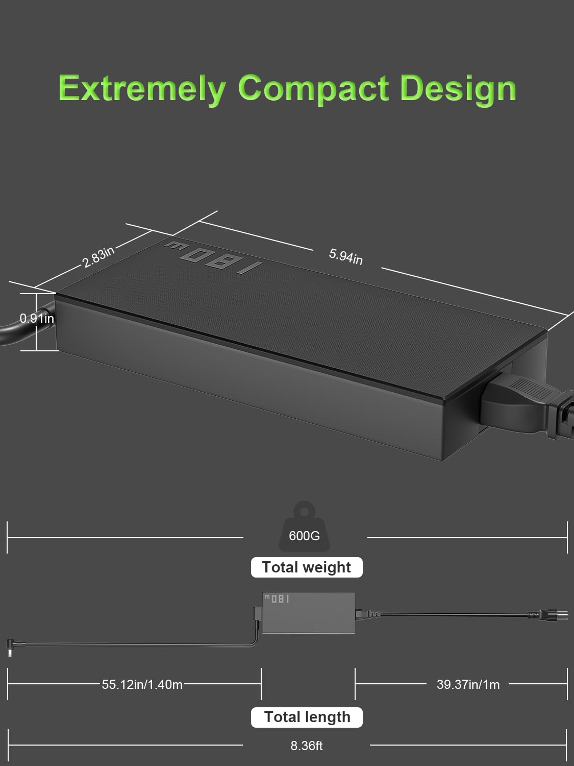 PowerPortnerLink 180W charger back view highlights compact build and cable management.